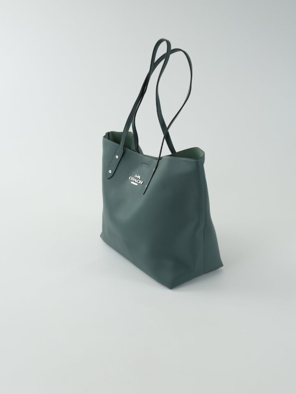 COACH Tote Green Pebbled Leather Handbag Shoulder Bag large - Picture 4 of 15